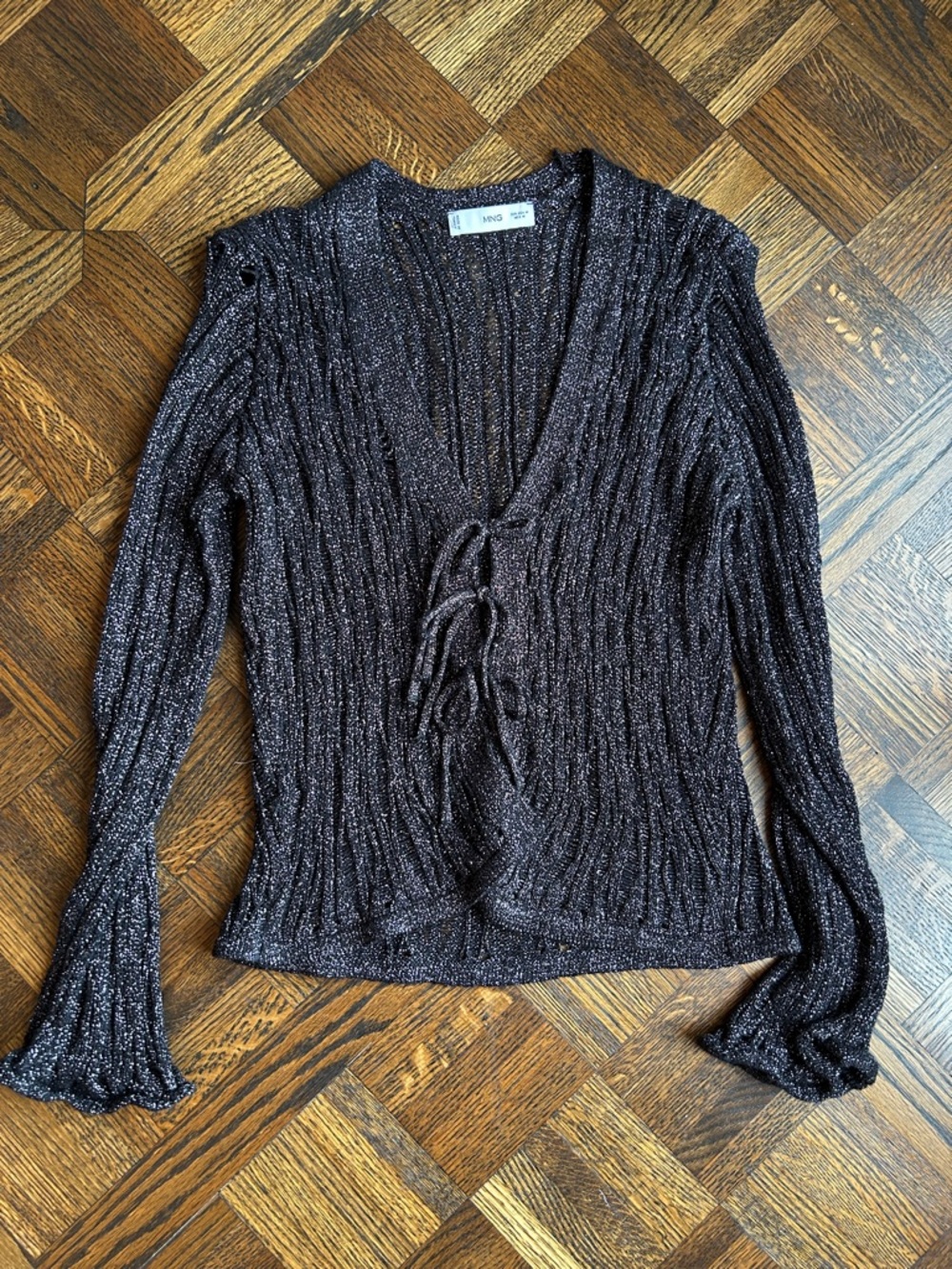 Mango Shimmery Black Ribbed Tie-Front Cardigan